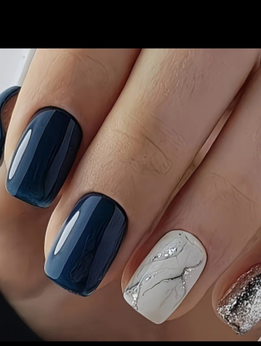 🔥3/$21 Navy Blue & White and Silver Marble Press On Nails